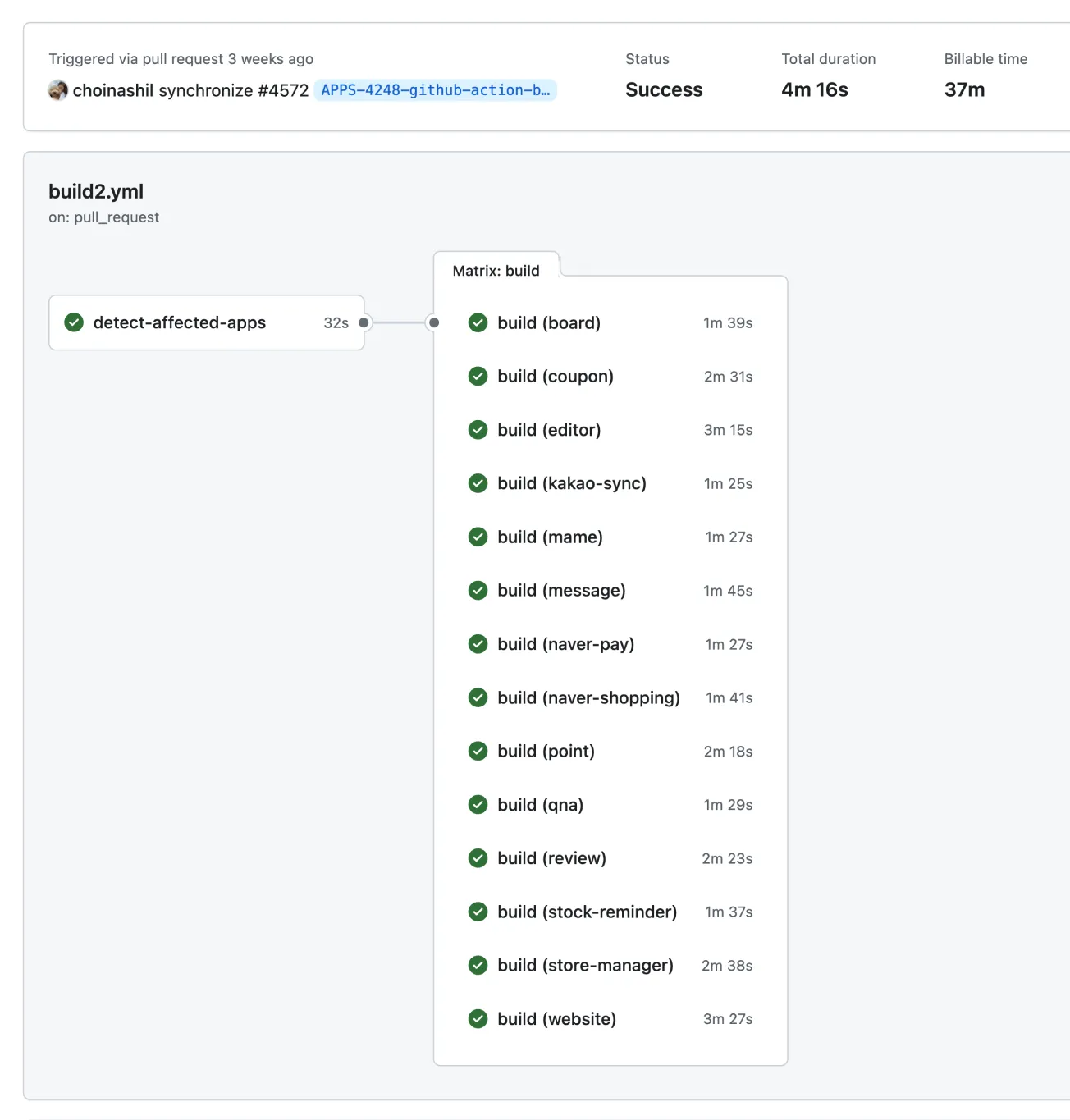 개선 후, 종속성 캐시 후 깃헙액션 결과