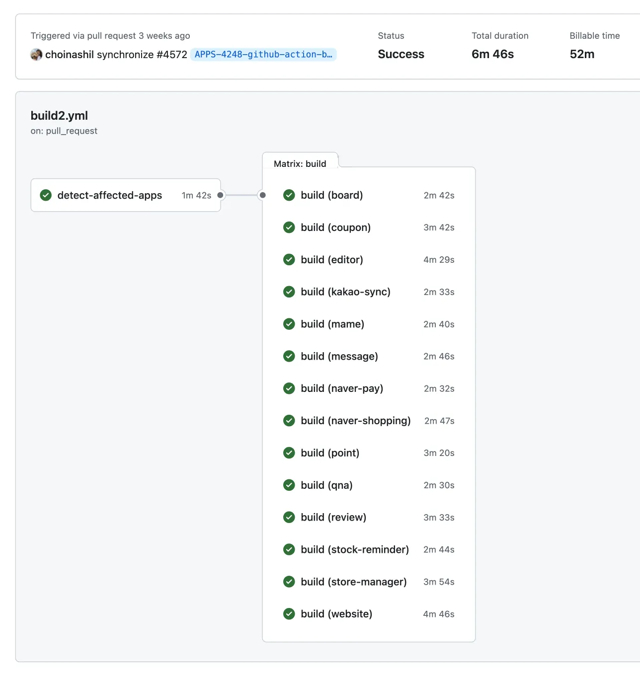 개선 후, 앱 전체 빌드 시 깃헙액션 결과